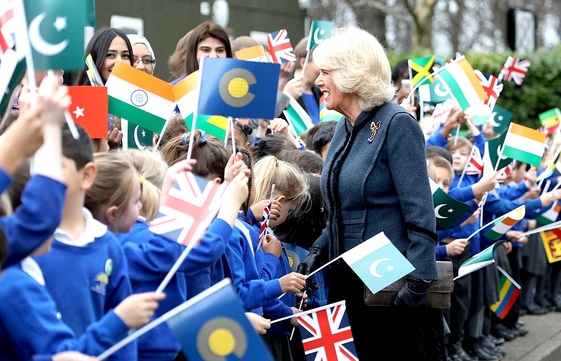 Queen Camilla in 2018, Commonwealth Big Lunch, Barn Croft Primary School